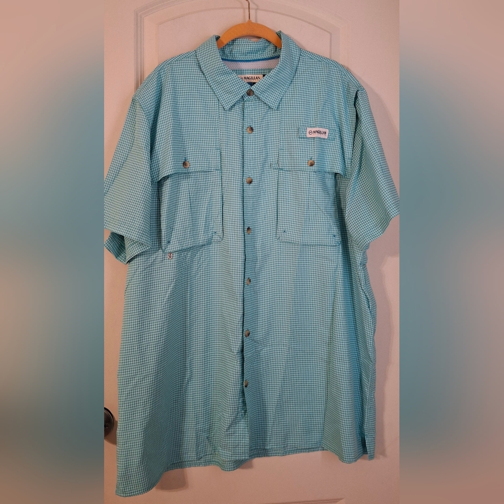 Magellan Outdoors Men's Aransas Pass Aqua Mini Check Short‎ Sleeve Shirt XL